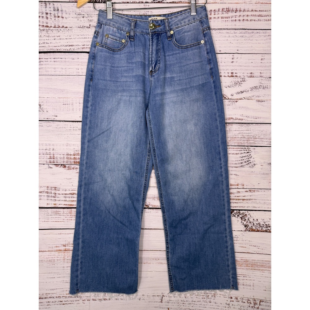 OAT New York Jeans Women 2/26 Light Blue Cloud Luxe Wide Leg Raw Hem P0359-GW